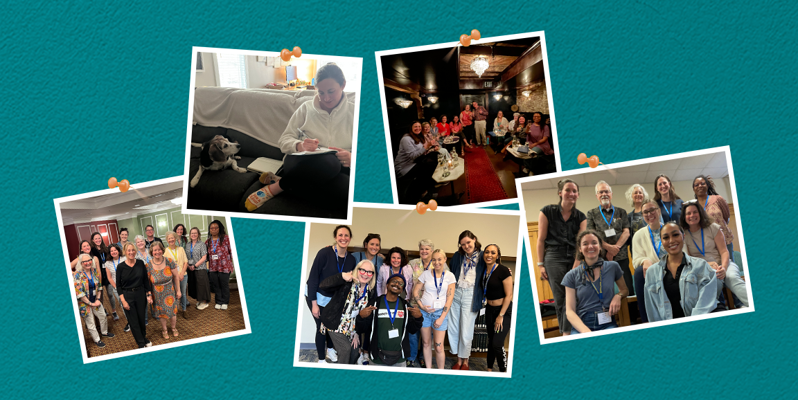 Photos of Spalding University Graduate School of Writing students thumbtacked to a teal background.