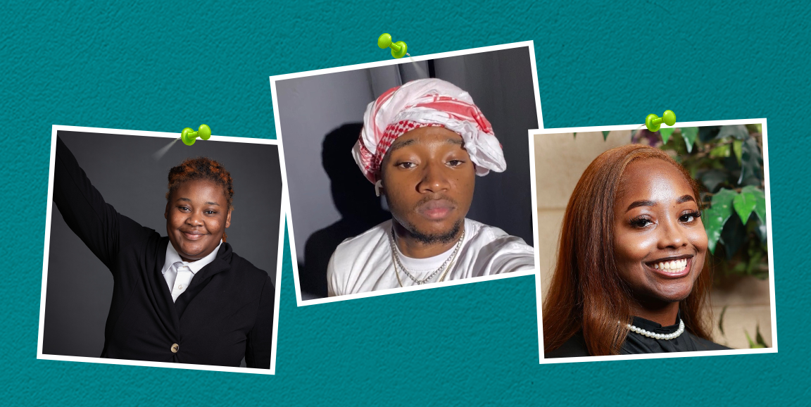 Headshots of Olivia Wright, Donahvan Jones, and Zenobia Coltrane thumbtacked to a teal background